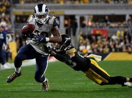 LA Rams RB Todd Gurley losses a ball after Pittsburgh Steelers DB Joe Haden attempts to tackle him at Heinz Field in Pittsburgh. (Image: Justin Berl/Getty)