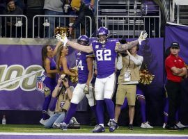 Vikings tight end Kyle Rudolph celebrates after his touchdown reception that helped the Minnesota comeback on Sunday. (Image: AP)