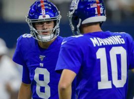 New York Giants quarterbacks, Daniel Jones and Eli Manning, during warmups at Texas Stadium. (Image: Jerome Miron/USA Today Sports)