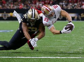 San Francisco 49ers TE Greg Kittle dives for a touchdown against the New Orleans Saints in the Superdome. (Image: Getty)