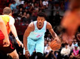 Miami Heat point guard, Jimmy Butler, in action against the Utah Jazz at AA Arena in Miami. (Image: Isaac Baldizon/Getty)