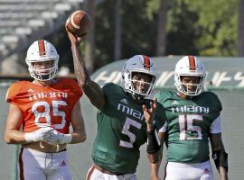 Miami quarterbacks Nâ€™Kosi Perry (5) and Jarren Williams (15) still donâ€™t know who will start in Thursdayâ€™s Independence Bowl, but Hurricanes coach Manny Diaz said he will make a decision soon. (Image: Florida Sun-Sentinel)