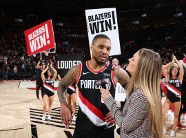 Portland Trail Blazers guard Damian Lillard interviewed by Allie LaForce after he scored a career-high 61 points against the Golden State Warriors. (Image: Sam Forencich/Getty)