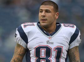 Aaron Hernandez, tight end for the New England Patriots from 2010-2012, during a pregame warmups in Foxboro, MA. (Image: Otto Greule Jr./Getty)