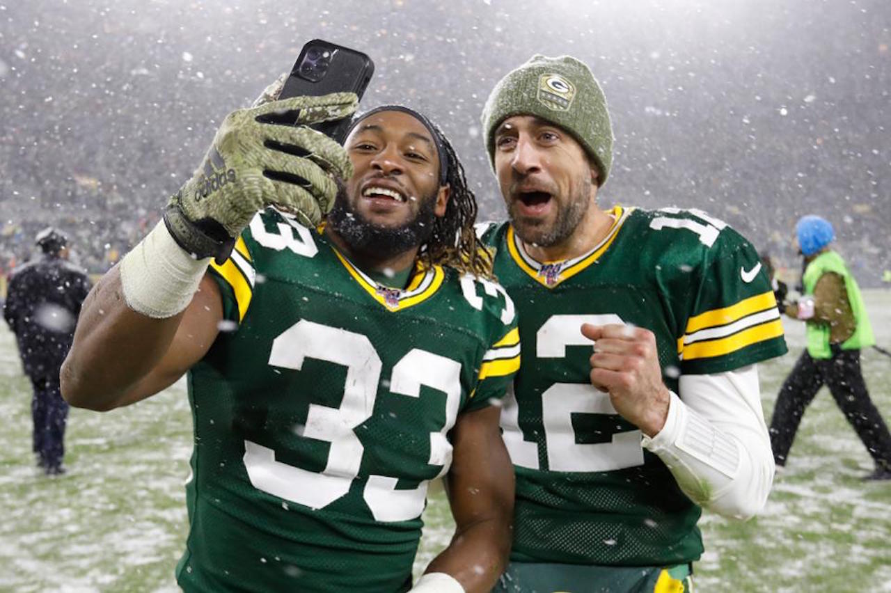 Aaron Jones, Aaron Rodgers Seattle-Green Bay NFC Divisional Playoff game