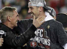 San Francisco head coach Kyle Shanahan celebrates with his father, former NFL head coach Mike Shanahan, after winning the NFC Championship and heading to the Super Bowl. (Image: AP)