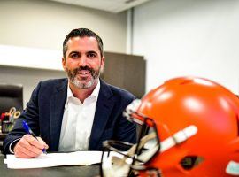 Kevin Stefanski signs paperwork making him the Cleveland Browns new head coach. (Image: Cleveland Browns)