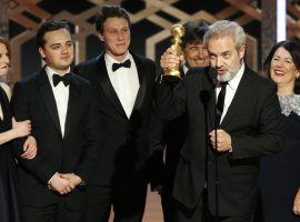 Director Sam Mendes and the cast of '1917' after winning Best Drama at the Golden Globes in Beverly Hills, CA. (Image: Paul Drinkwater/Getty)