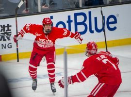 Boston University needed double overtime to get past Boston College and face Northeastern in the final of the annual Beanpot college hockey tournament. (Image: Andy Costello/BU Today)