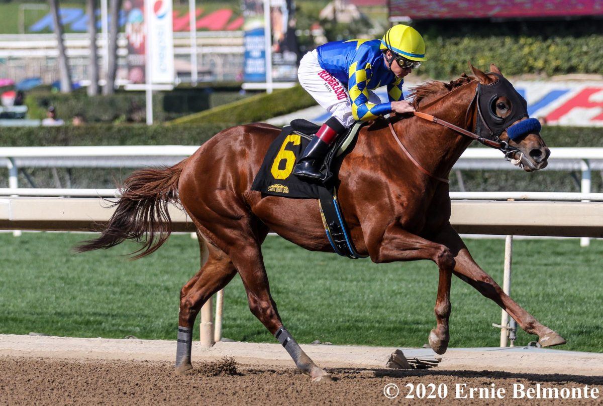 Kentucky Derby hopeful Charlatan breaking his maiden at Santa Anita.