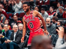 Chicago Bulls rookie Coby White celebrates during a torrid shooting streak against the Washington Wizards. (Image: Getty)