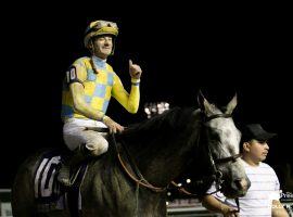 Will Enforceable's jockey Julien Leparoux, seen here after winning the Lecomte Stakes, give another thumbs-up after the Risen Star? (Image: Holly Smith/The Pressbox)