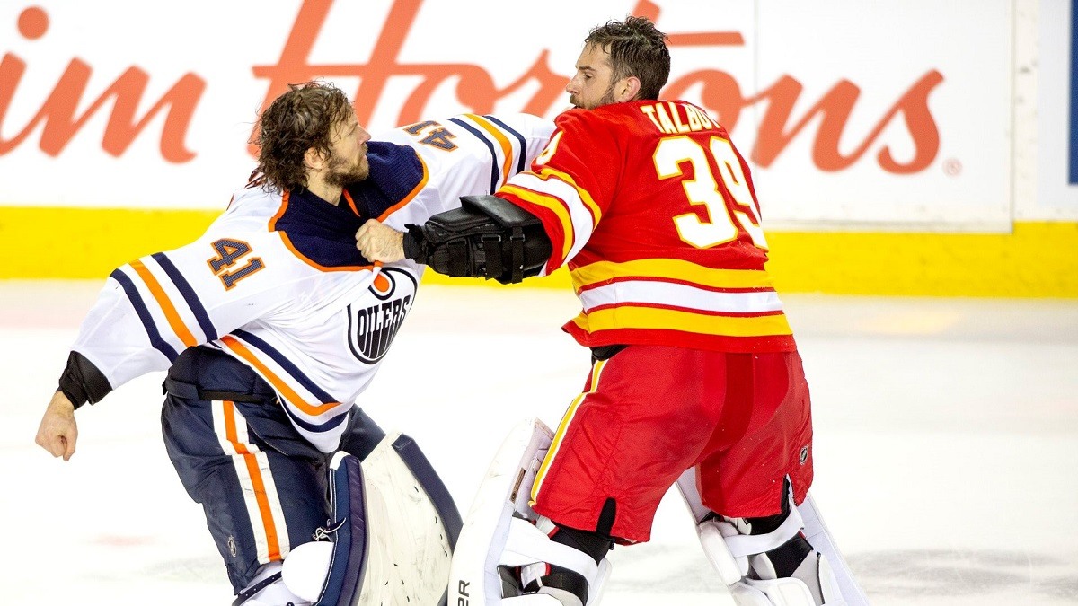 Hockey FIghts Goalie Fight Battle Alberta Edomonton Oilers Calgary Flames Talbot Smith