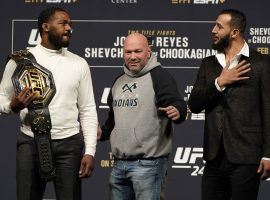 Champion Jon Jones (left) and challenger Dominick Reyes (right) will square off for the UFC light heavyweight title at UFC 247 on Saturday. (Image: Jeff Bottari/Zuffa)