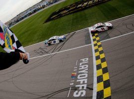 Denny Hamlin takes the checkered flag at Penn National's sposored race, the 2019 Hollywood Casino 400. (Image: Getty)