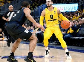 Marquette guard Markus Howard is defended by Butler's Aaron Thompson in a game at Fiserv Forum in Milwaukee, WI. (Image: Dylan Buell/Getty)