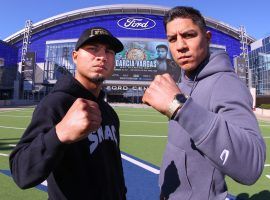 Mikey Garcia (left) is favored to get his first win at welterweight when he takes on Jessie Vargas (right) on Saturday night. (Image: Ed Mulholland/Matchroom Boxing USA)
