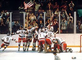 The US men's ice hockey team celebrates a victory over the USSR at the 1980 Olympics in Lake Placid, New York. (Image: Getty)