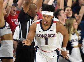 Gonzaga guard Admon Gilder shimmies after hitting a three-pointer against LMU in Spokane, WA. (Image: (Colin Mulvany/Spokesman-Review)