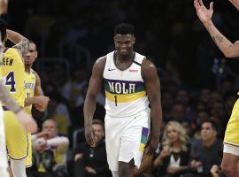 New Orleans Pelicans rookie Zion Williamson scores a bucket against the LA Lakers at Staples Center. (Image: Marcio Jose Sanchez/AP)