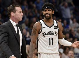 Ex-Brooklyn Nets coach Kenny Atkinson on the sidelines with guard Kyrie Irving during a game at Barclays Center in Brooklyn, NY. (Image: Brandon Dill/AP)