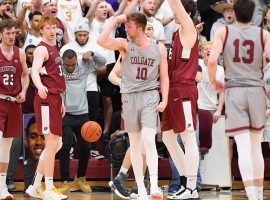 Colgate forward Will Rayman (10) flexes after hitting a shot against Lafayette in the Patriot League tournament semifinals in Hamilton, NY. (Image: Rich Barnes/Colgate Athletics)