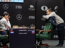 Ian Nepomniachtchi (right) scored an important win over Anish Giri (left) in the first round of the 2020 Candidates Tournament. (Image: Maria Emelianova/FIDE)