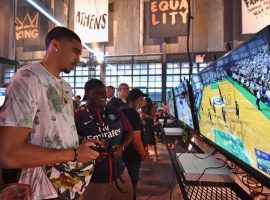 Boston Celtics forward Jayson Tatum playing NBA 2K last year during the NBA 2K19 launch event in Brooklyn. (Image: Kevin Mazur/Getty)