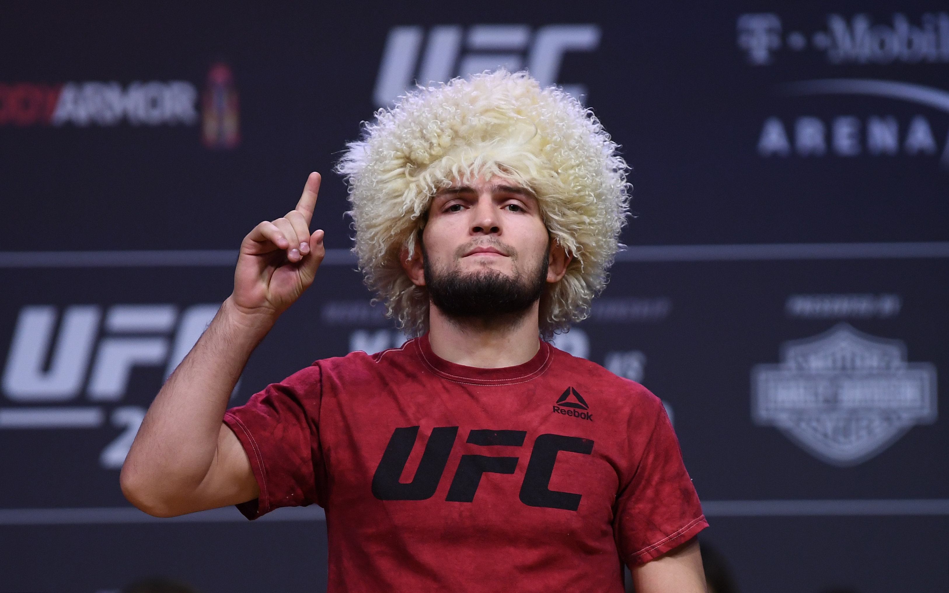 Khabib Nurmagomedov is stuck in Russia due to international travel bans, meaning that he is unlikely to be able to fight Tony Ferguson at UFC 249. (Image: Getty/Stephen McCarthy)