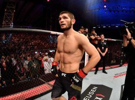 The UFC wants Khabib Nurmagomedov (pictured) to defend his lightweight title against Tony Ferguson on April 18, but it’s unclear where that might happen. (Image: Jeff Bottari/Zuffa/Getty)