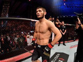 The UFC wants Khabib Nurmagomedov (pictured) to defend his lightweight title against Tony Ferguson on April 18, but itâ€™s unclear where that might happen. (Image: Jeff Bottari/Zuffa/Getty)