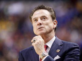 Rick Pitino, ex-Louisville head coach, on the sidelines of a March Madness game in 2017. (Image: Joe Robbins/Getty)