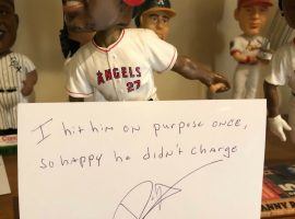 Haren's bobbleheads come with a personalized note, like this confession about intentionally hitting Vlad Guerreo