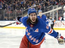 NY Rangers center Mika Zibanejad celebrates his fifth goal of the night against the Washington Capitals at MSG. (Image: Robert Sabo/NY Post)