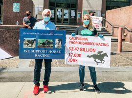 Hall of Fame Trainer Bob Baffert and his wife, Jill, took part in a pro-racing demonstration in front of the LA County Board of Supervisors building. (Image: I Am Horse Racing)