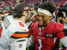 Two former #1 picks, Cleveland Browns QB Baker Mayfield and Arizona Cardinals QB Kyler Murray meet postgame in Cleveland. (Image: Kevin Abele/Getty)