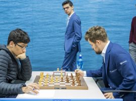 Magnus Carlsen (right) defeated Alireza Firouzja (left) in the Magnus Carlsen Invitational online tournament to take the latest chapter in their budding rivalry. (Image: Getty)