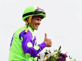 Jockey Javier Castellano has more reason to give a thumbs-up than winning his 5,000th race. He exited quarantine and plans to ride again May 1 in Arkansas. (Image: Getty Images)