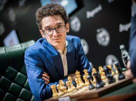 Fabiano Caruana scored a big Round 6 win over Maxime Vachier-Lagrave to reach the Magnus Carlsen Invitational semifinals. (Image: Lennart Ootes/FIDE)