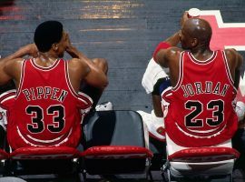 Scottie Pippen and Michael Jordan sitting on the bench during the Jordan's final season with the Chicago Bulls against Vancouver Grizzlies in 1998. (Image: Andy Hayt/Getty)