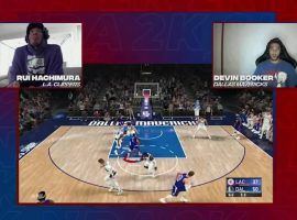 Rui Hachimura (Washington Wizards) battles Devin Booker (Phoenix Suns) during a charity NBA 2K tournament. (Image: ESPN/NBA)