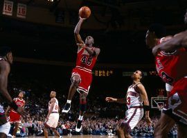 Michael Jordan (45) soars for a dunk against the Knicks in March, 1995 at Madison Square Garden in NYC. (Image: Andy Hayt/Getty)