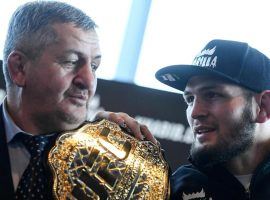 Khabib Nurmagomedov (right) confirmed that his father (left) remains hospitalized due to COVID-19. (Image: AFP)