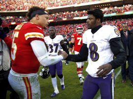 KC Chiefs QB Patrick Mahomes and Baltimore Ravens QB Lamar Jackson shakes hands after a game at Arrowhead Stadium in Kansas City. (Image: Jamie Squire/Getty)