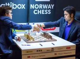 Magnus Carlsen (left) and Hikaru Nakamura (right) will face off in the final of the Magnus Carlsen Invitational. (Image: Chess.com/Maria Emelianova)