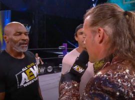 Mike Tyson (left) brawled with Chris Jericho (Right) to close out the latest episode of AEW Dynamite. (Image: AEW)