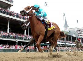 Monomoy Girl, seen here nipping Wonder Gadot to win the 2018 Kentucky Oaks, returns to racing for the first time in 18 months Saturday. She is a 4/5 favorite in an allowance race. (Image: Churchill Downs)