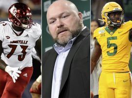 Louisville OT Mekhi Becton (Left), NY Jets GM Joe Douglas (center), and Baylor WR Denzel Mims (right). (Images: AP)