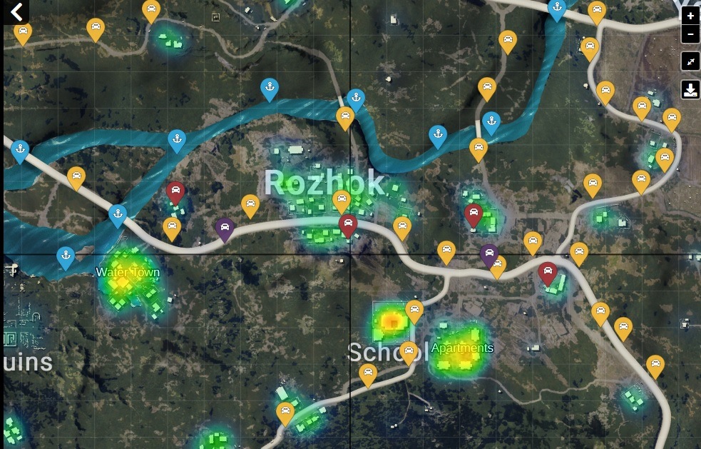 PUBG Map Mobile Erangel loot heat map Rozhok