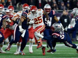 Kansas City RB LeSean McCoy rumbles for a first down against the New England Patriots in Foxboro, MA. (Image: Jill Toyoshiba/KC Star)